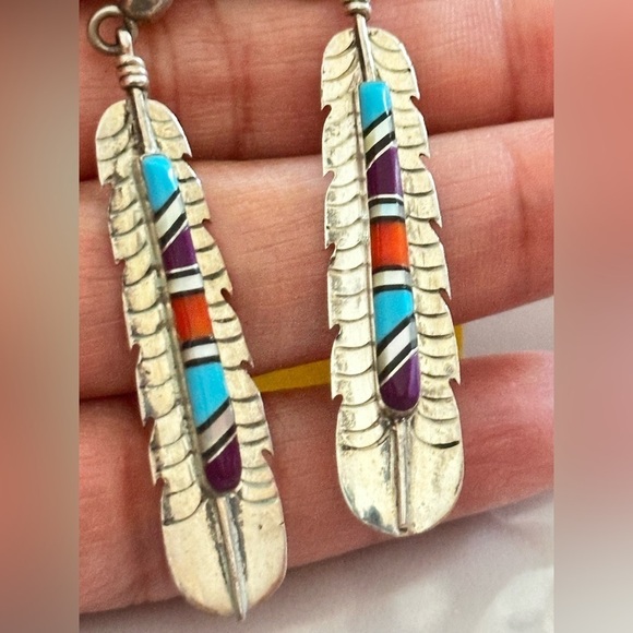 Navajo Turquoise Earrings Stone Inlay By FY FRANK YAZZIE Signed Sterling 925 - Picture 2 of 12